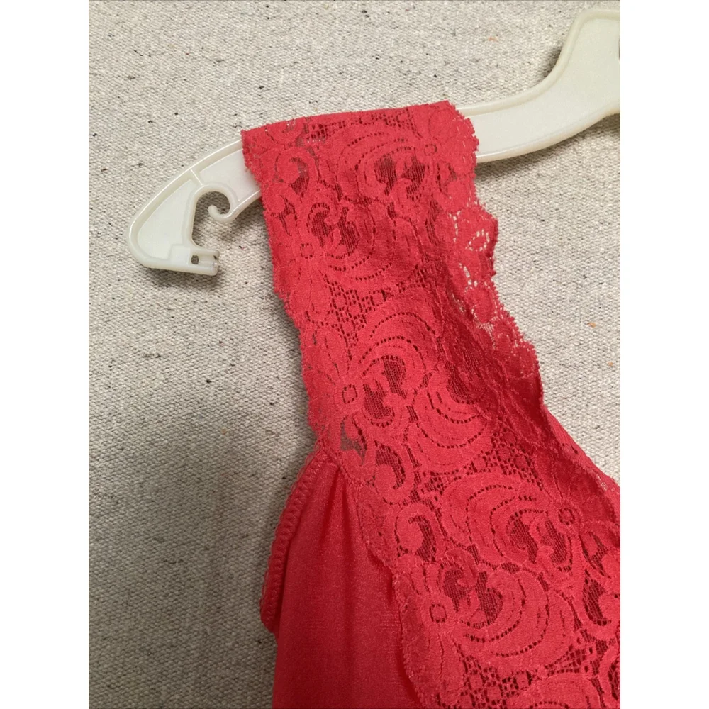 Vintage 70s Red Shiny Satin Second Skin Teddy Deep-V Lace Trim Straps Bodysuit S - Picture 6 of 11
